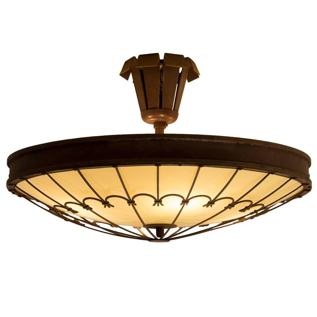Art Deco Chandelier in Brass and Glass