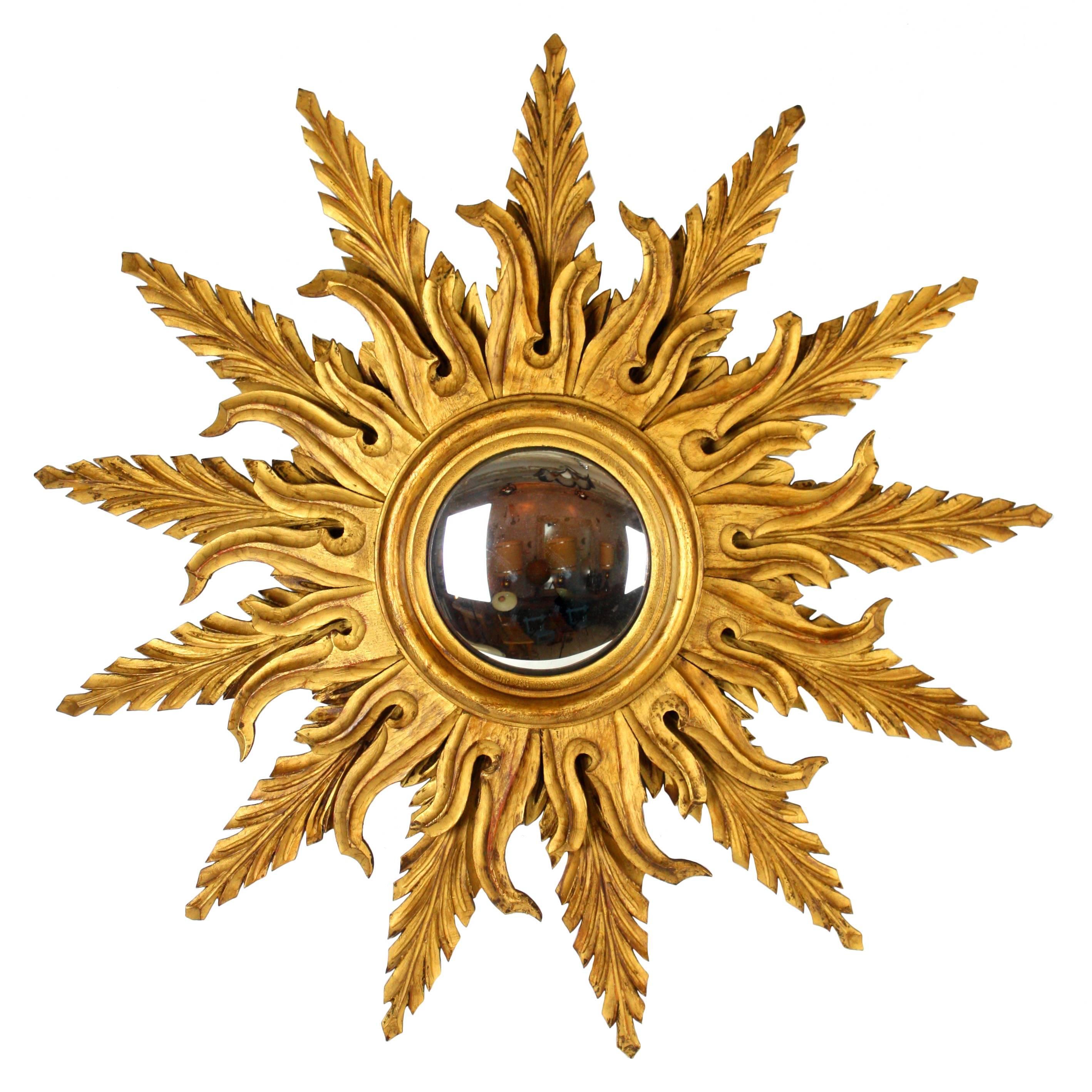 Mid-Century Giltwood Convex Sunburst Mirror, Spain c.1950