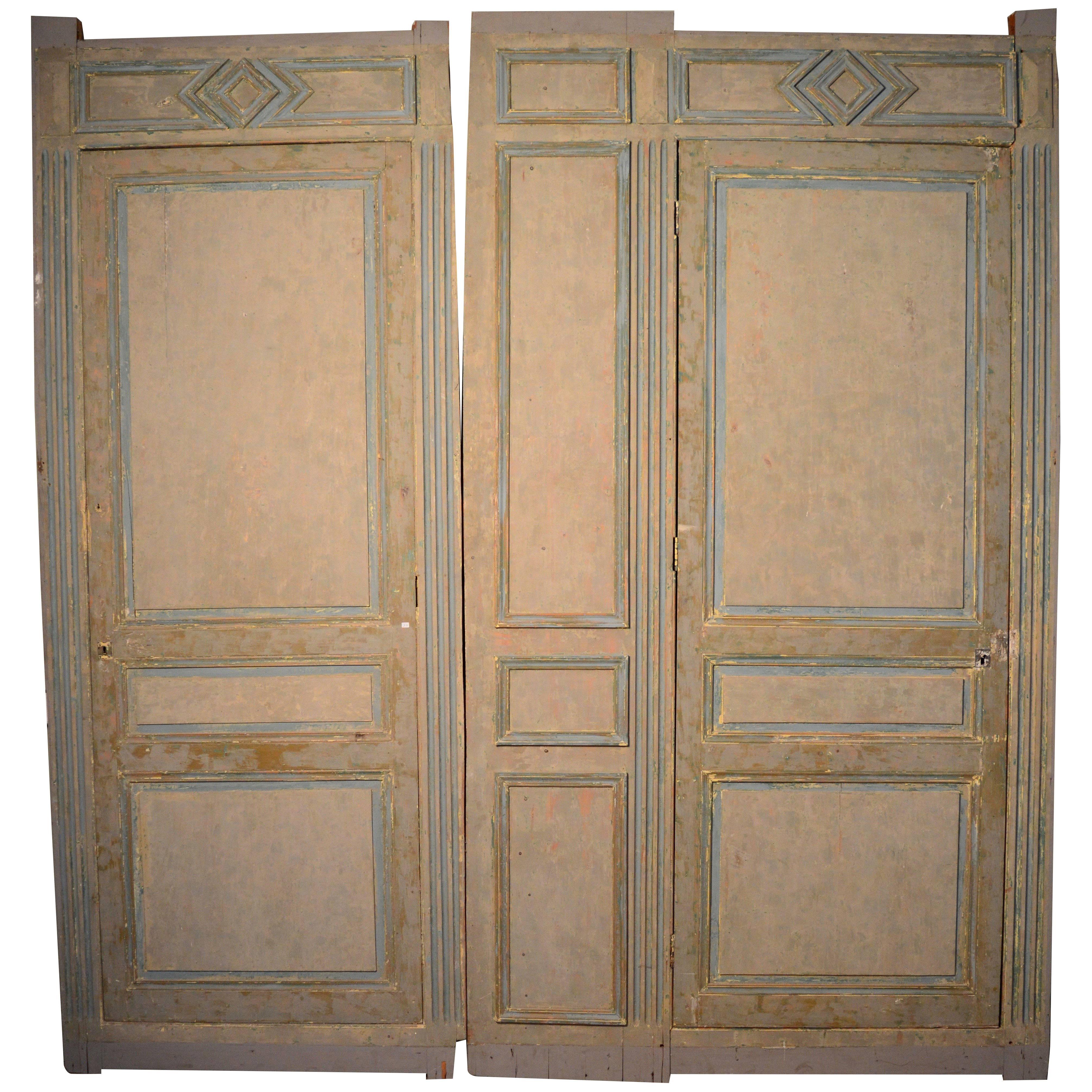 19th Century French Blue and White Painted Paneling With Two Doors For Sale