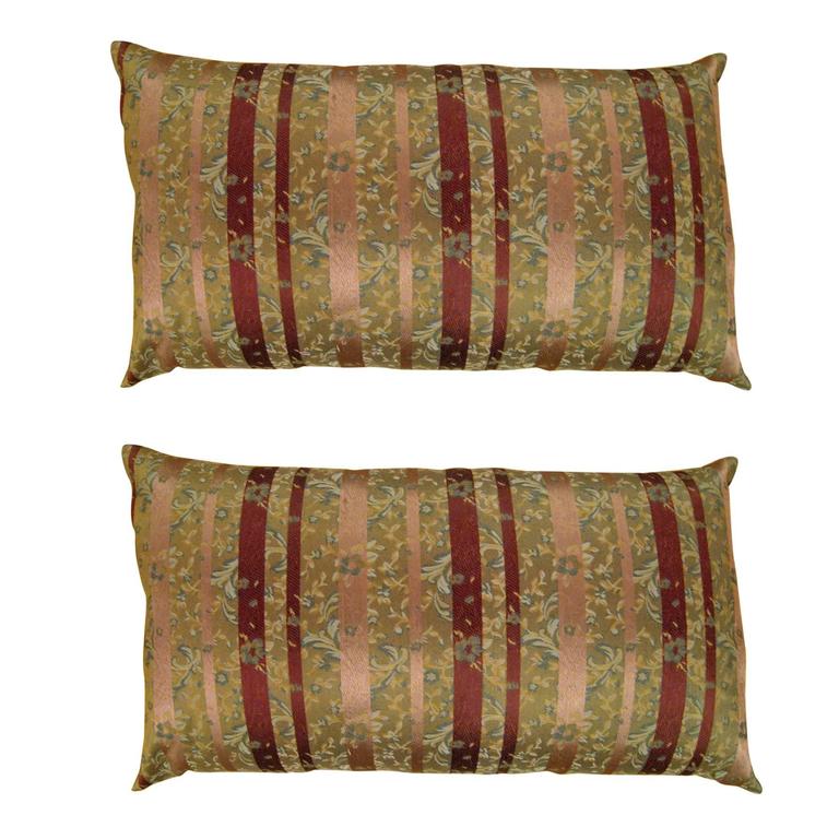 Pair of Large Decorative Satin Pillows w/ Vintage Striped Brocade on