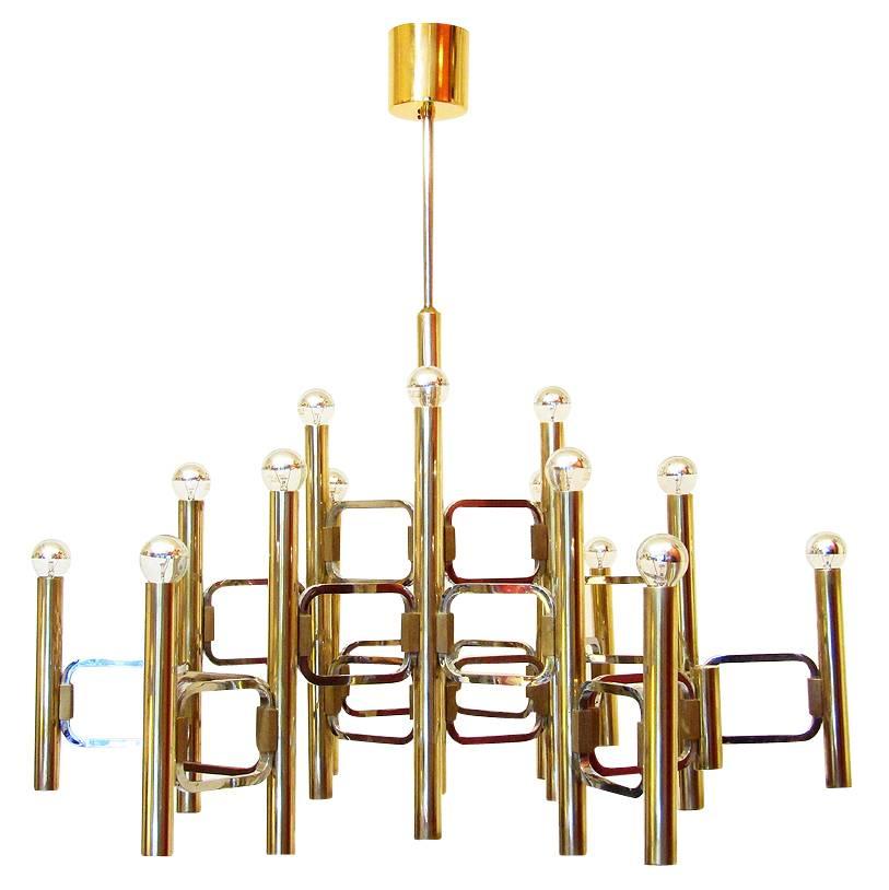 Impressive Fifteen-Light Chandelier in Brass and Chrome by Gaetano Sciolari