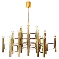 Impressive Fifteen-Light Chandelier in Brass and Chrome by Gaetano Sciolari