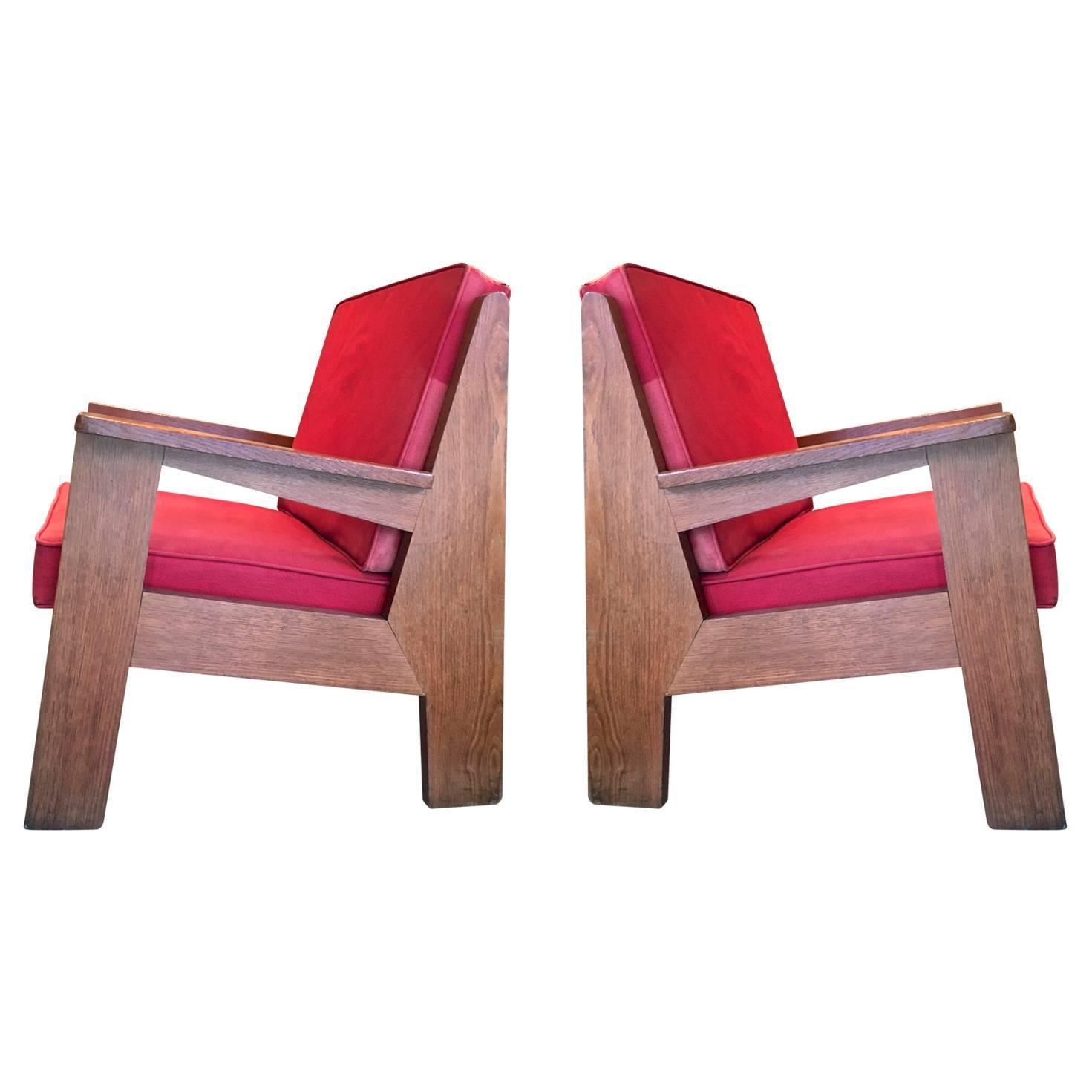 Pierre Jeanneret Attributed Pair of Oak Modernist Chairs with Striking Design For Sale