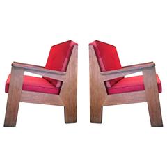 Pierre Jeanneret Attributed Pair of Oak Modernist Chairs with Striking Design