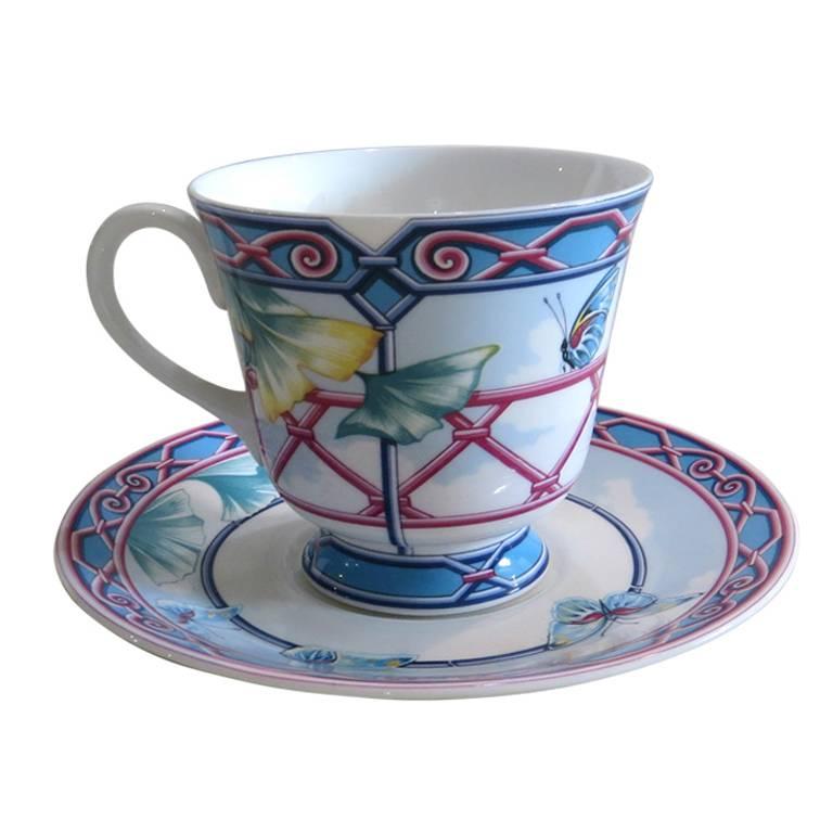 Hermes Papillons Porcelain Tea Cup with Plate, Set of 16 Pieces For Sale