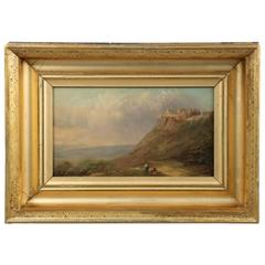 Antique Oil Landscape Painting of Mountain Village by the Sea, 19th Century