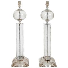Pair of 1950s French Etched Glassed Table Lamps with Chrome Detail