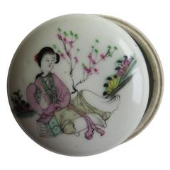 Chinese, Porcelain, Circular LIDDED BOX, Famille Rose, Hand painted, circa 1905