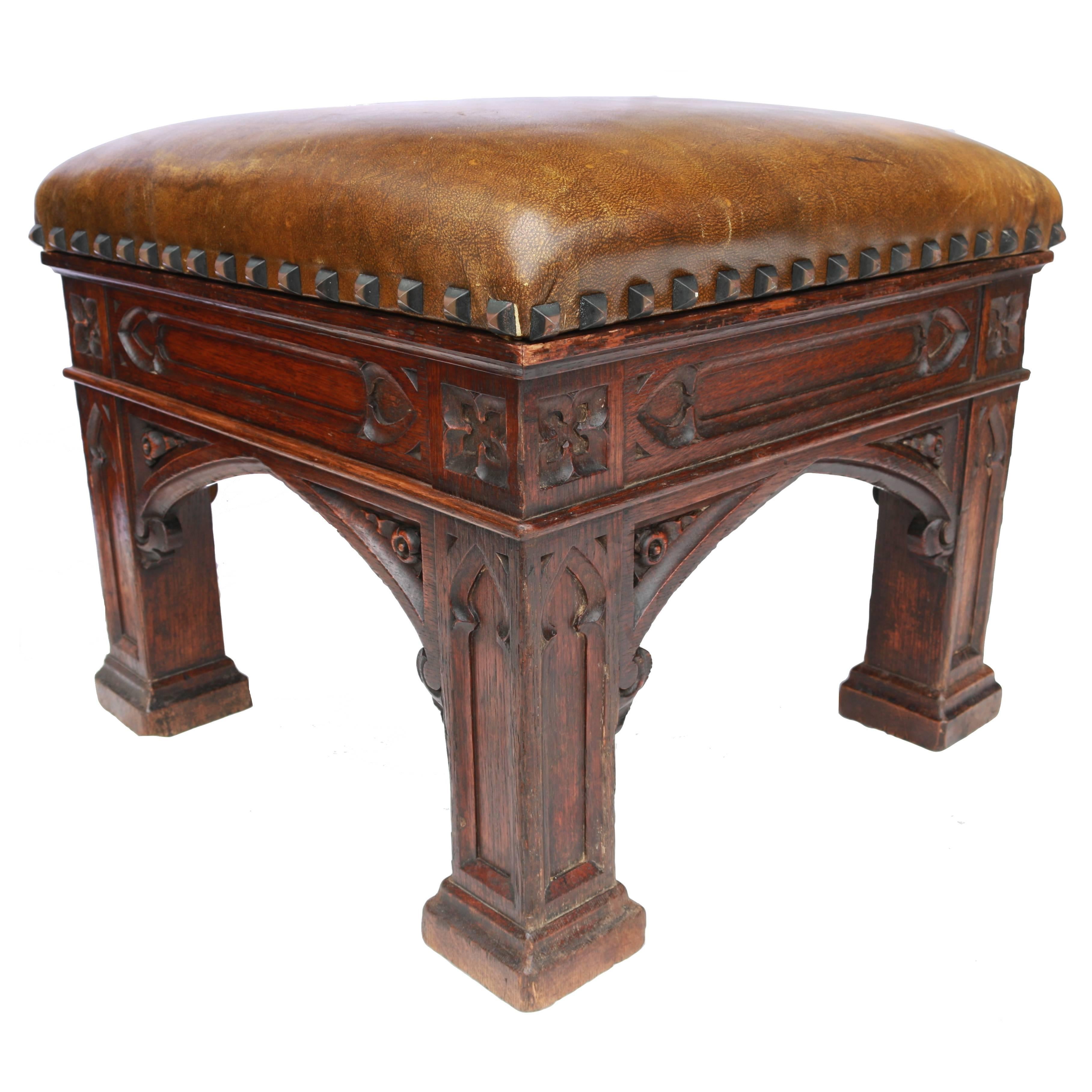 Early 19th Century Golden Oak Gothic Revival Stool  For Sale