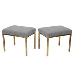 Retro Patinated Brass and Curly Mohair Ottomans