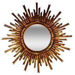 Large Spanish Giltwood Sunburst Mirror in Baroque Style, circa 1900