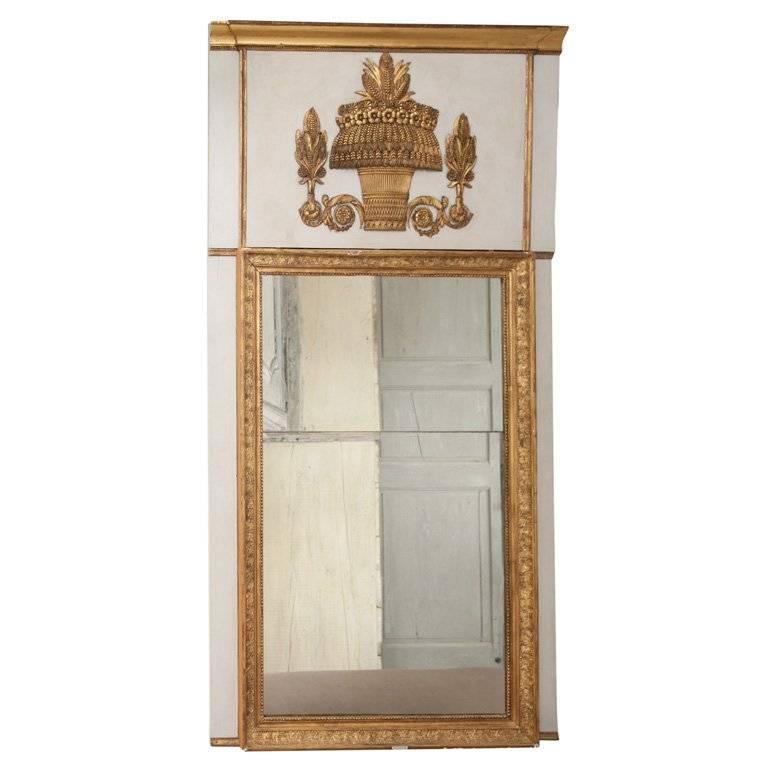 Empire Trumeau Gilded Gold Mirror with a Basket Wheat Decoration For Sale