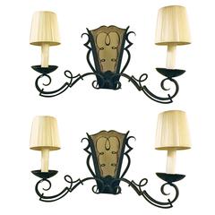 Pair of 1940s French Wrought Iron Wall Lights Attributed to Gilbert Poillerat