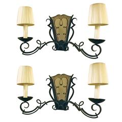 Pair of 1940s French Wrought Iron Wall Lights Attributed to Gilbert Poillerat 12