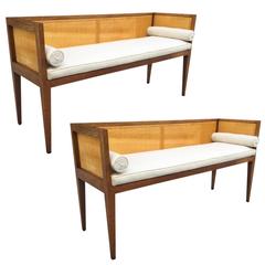 Two Hollywood Regency Cane Bench in Linen
