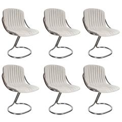 Mid-Century Modernist Set of Six Cantilevered Chairs in Chrome and Velvet
