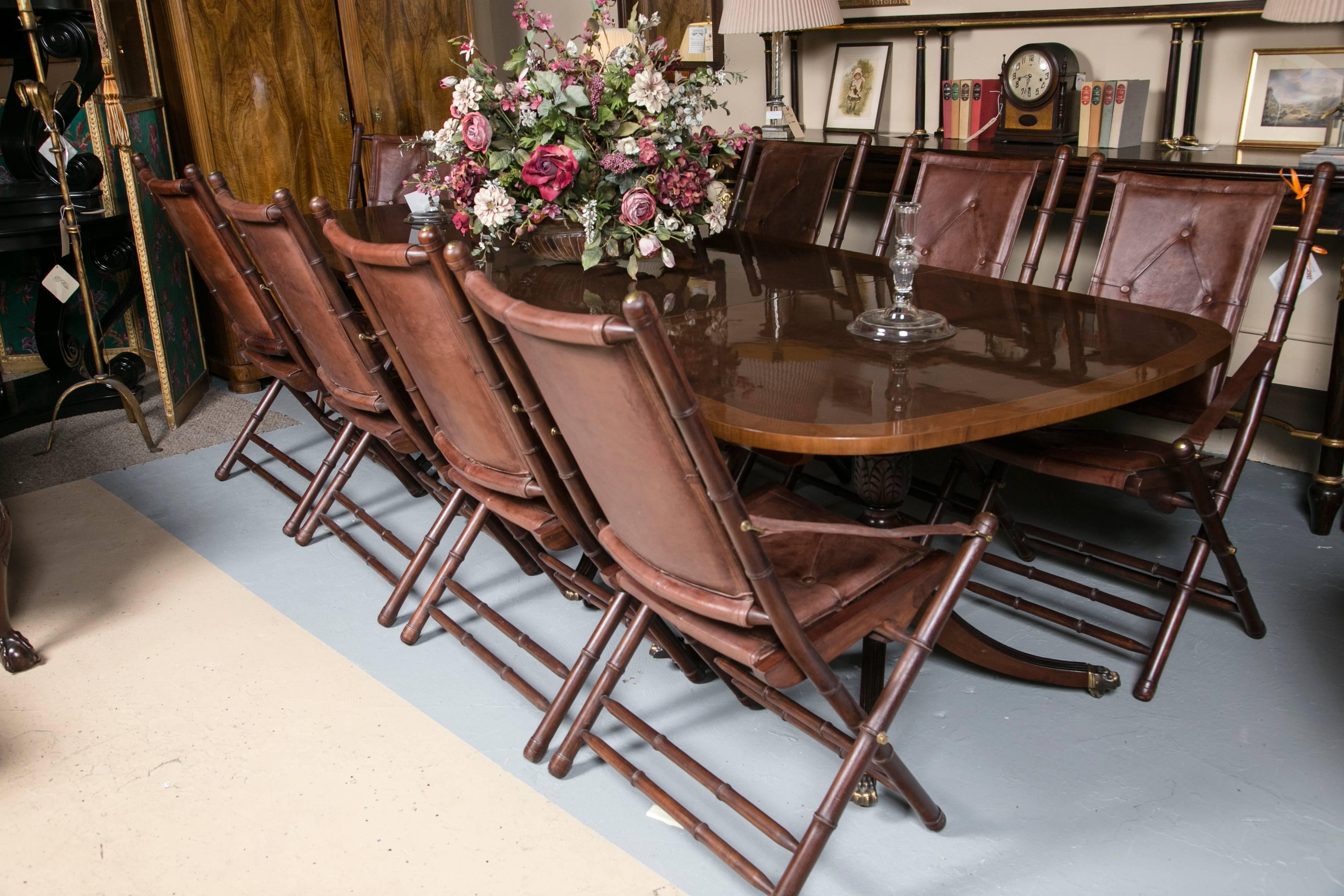 Georgian Style Crotch Mahogany & Satinwood Banded Triple Pedestal Dining Table  2
