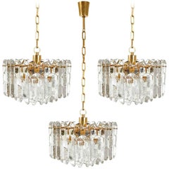 One of Three Kalmar Chandeliers Pendant Lights 'Palazzo', Gilt Brass Glass, 1970