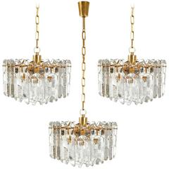 Three Kalmar Chandeliers Pendant Lights 'Palazzo', Gilt Brass Glass, 1970
