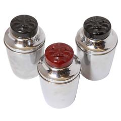 Trio Original Moonfaced Art Deco Machine Age Cocktail Shakers, Chrome & Bakelite 6