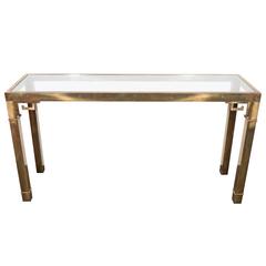 Mastercraft Asian Inspired Glass Top Console Table in Brass