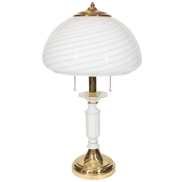 Pair of 1970s Swirled Murano Glass Shade Lamps on Ceramic Candlestick