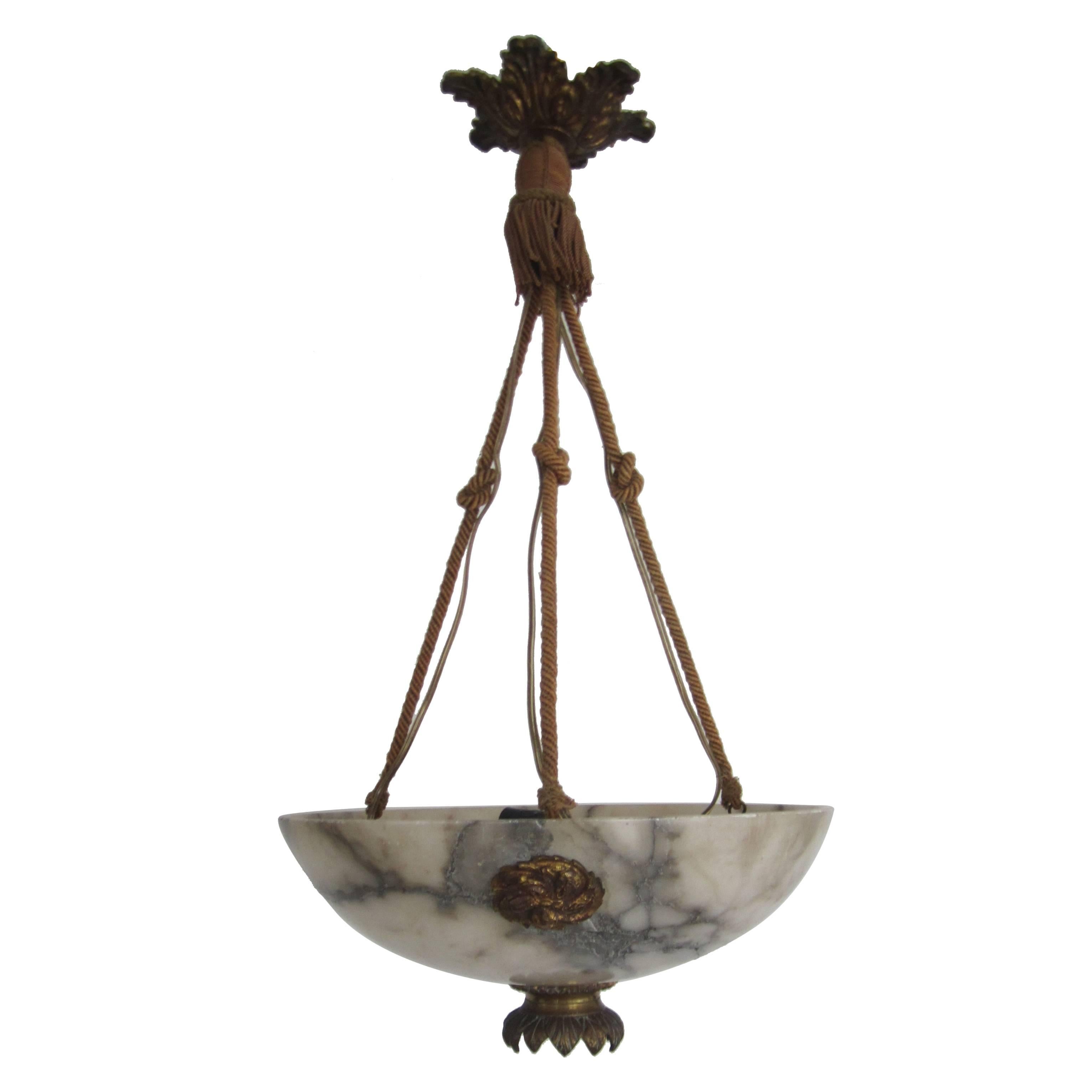 French Alabaster Marble Chandelier with Brass Lotus Keyhole Light