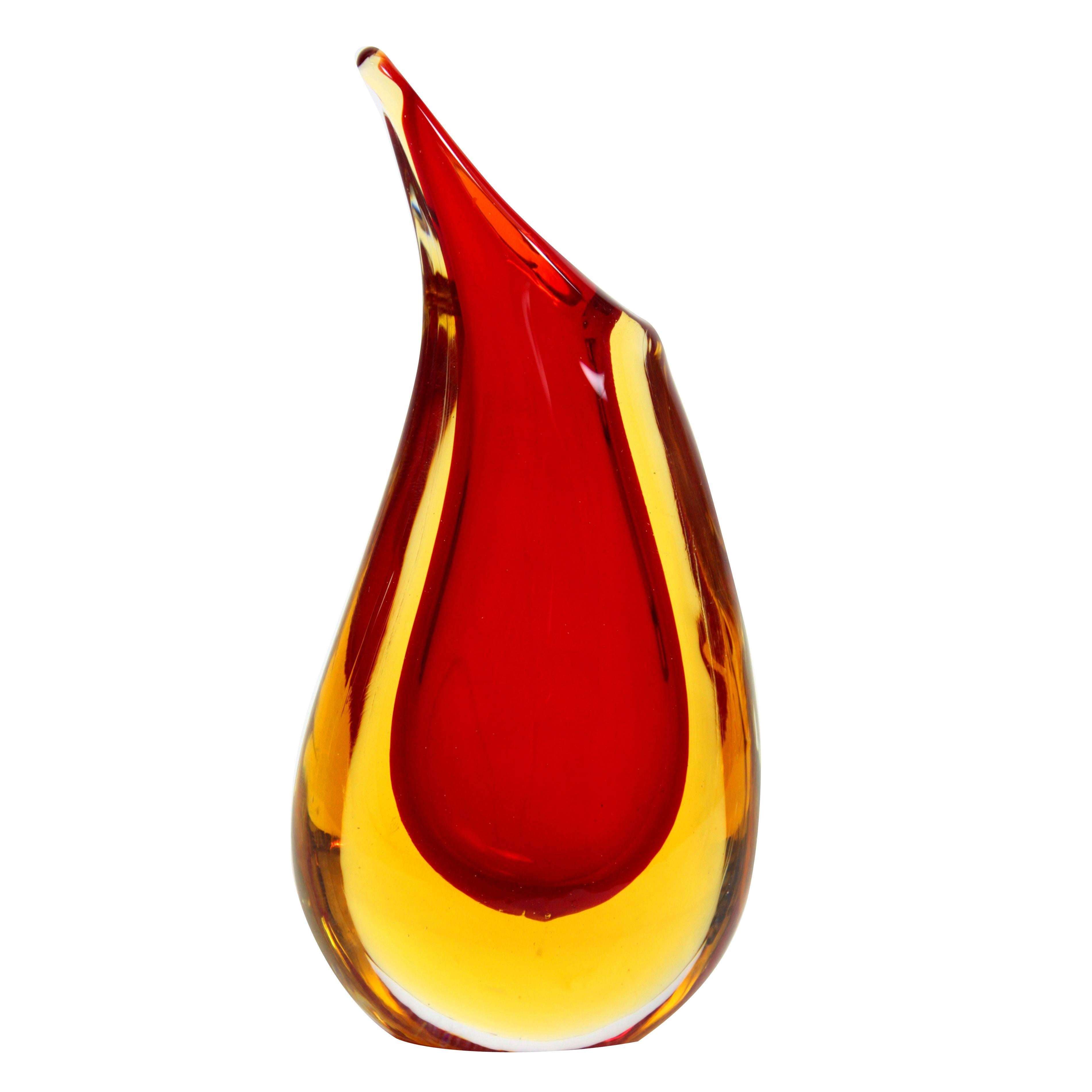 Murano Glass Flavio Poli  Red and Yellow Sommerso Teardrop Vase