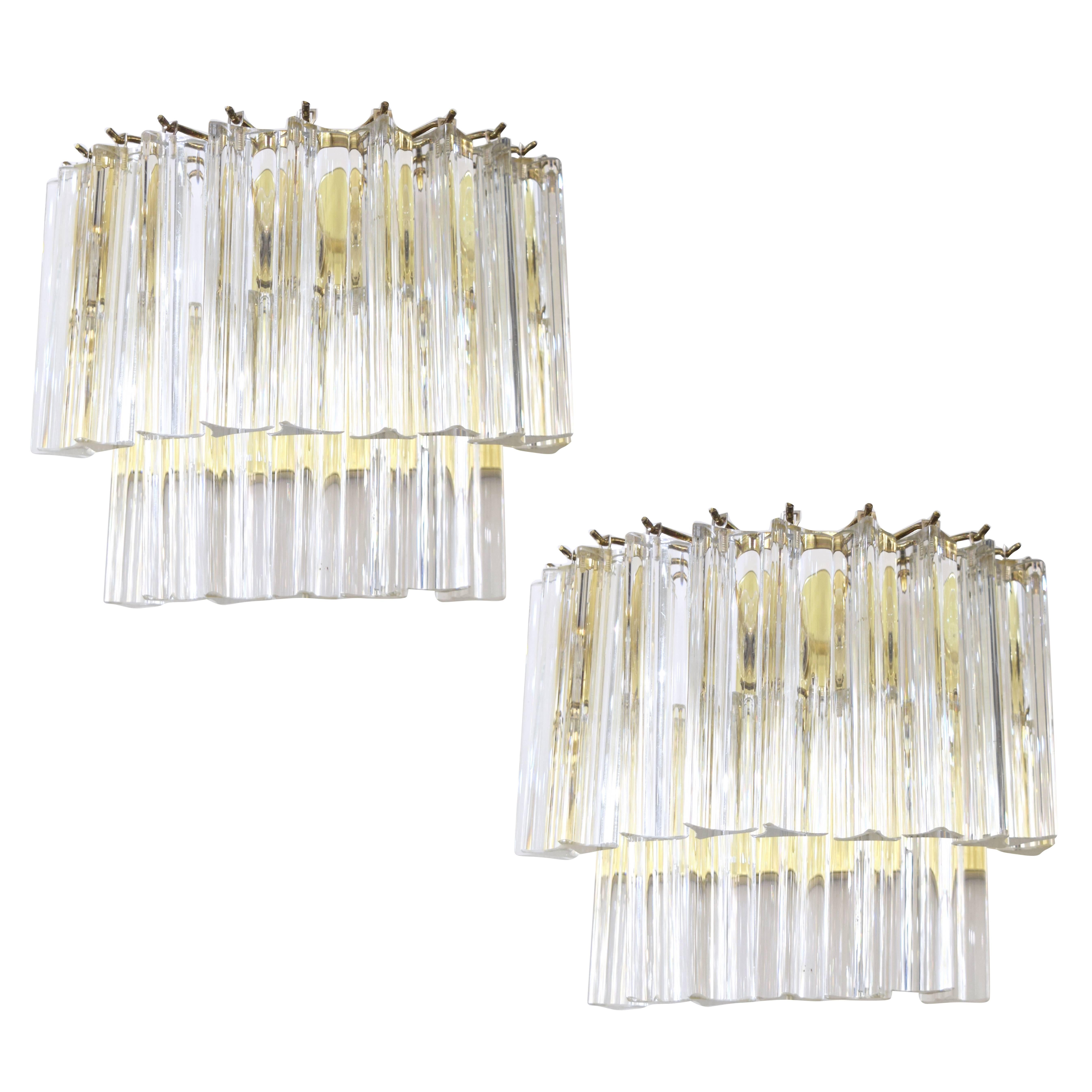 Pair of Brass Two-Tier Venini  Crystal Sconces
