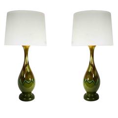 Vintage Pair of Drip Glazed Pottery Lamps