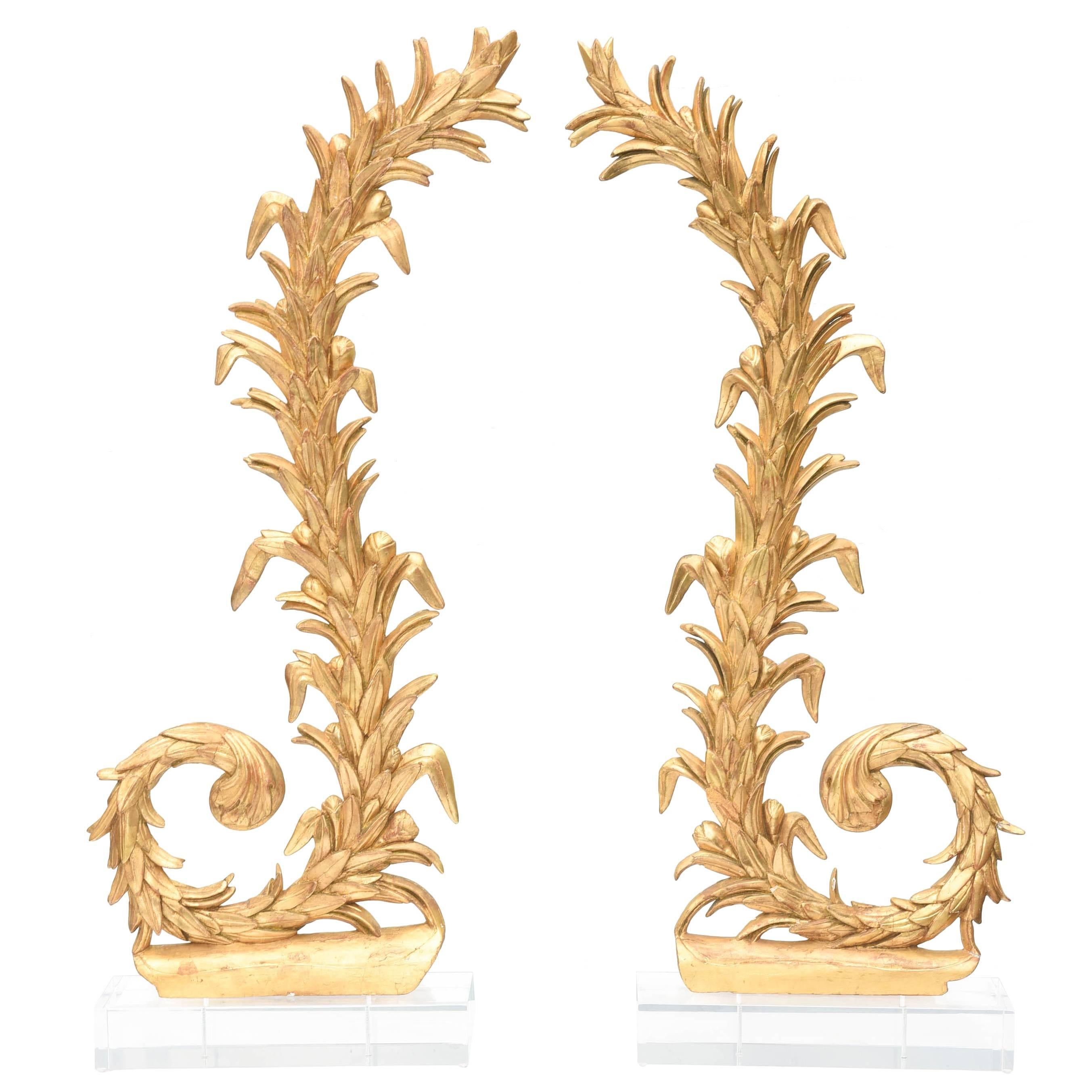 Paire de sculptures italiennes en bois doré du XIXe siècle sur socle en lucite