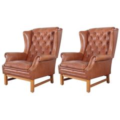 Vintage Chippendale Style Leather Tufted Wing Back Chairs with Nailhead Trim