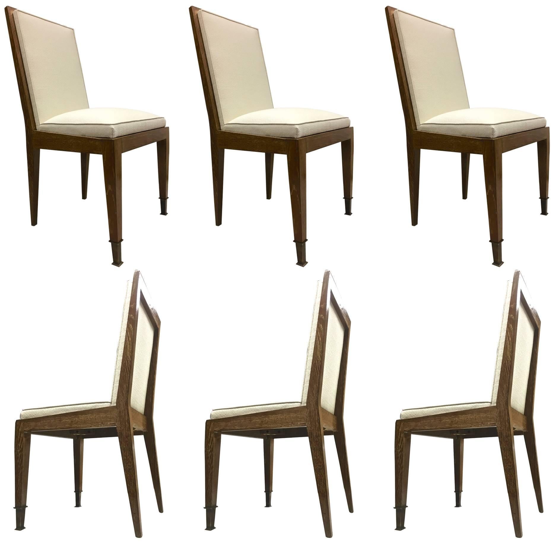 Marc Duplantier Set of Six Oak Cerused Dining Chairs with Neoclassic End Leg For Sale