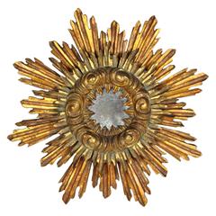 Antique Amazing 19th Century Spanish Giltwood Sunburst Mirror in Baroque Style