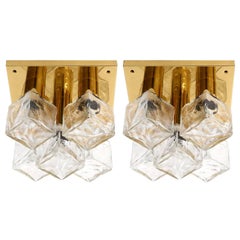 Two Modulare Kalmar Flush Mount Lights or Sconces, Brass and Ice Glass, 1960s