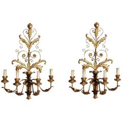 Antique Pair of Italian Gilt Carved Wood and Tin Floral Sconces, Circa 1860