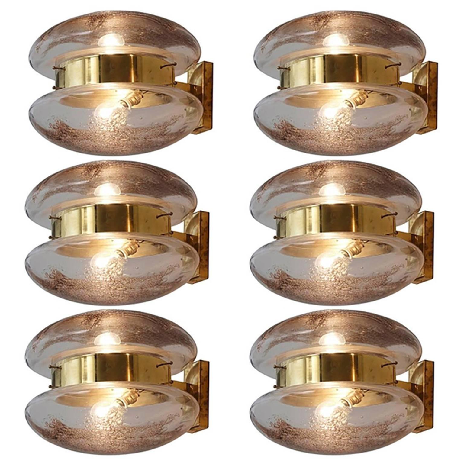 Set of Six Extremely Large Wall Lamps in Brass and Art Glass