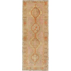 Oushak Vintage Runner in Soft Pink and Light Green, Taupe and Orange Highlights