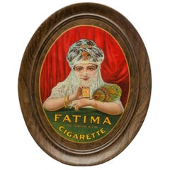 Self-Framed Tin Advertising Sign, Beautiful Girl, Fatima Cigarettes, ca.1910