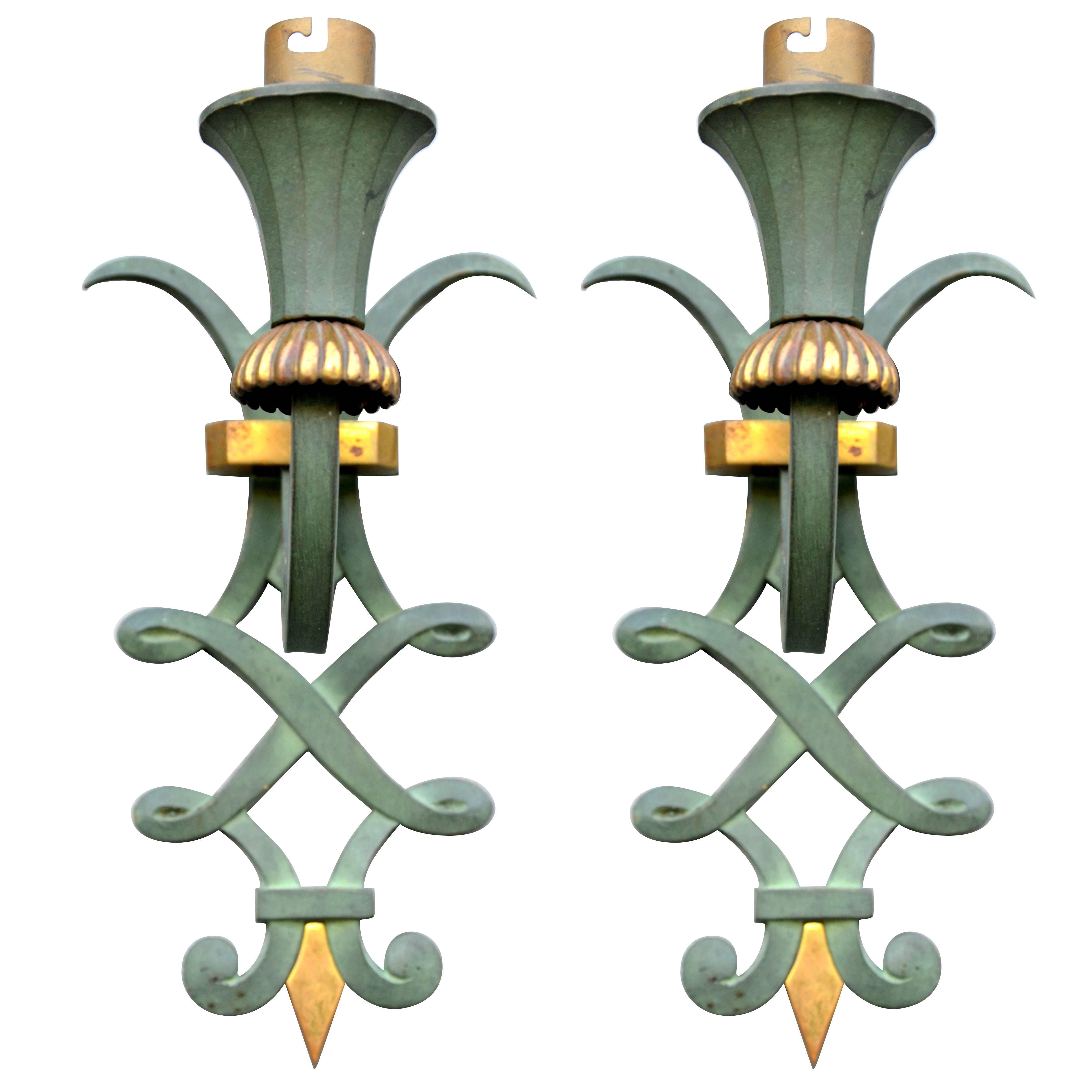 Pair of Patinated Bronze Sconces by Maison Leleu