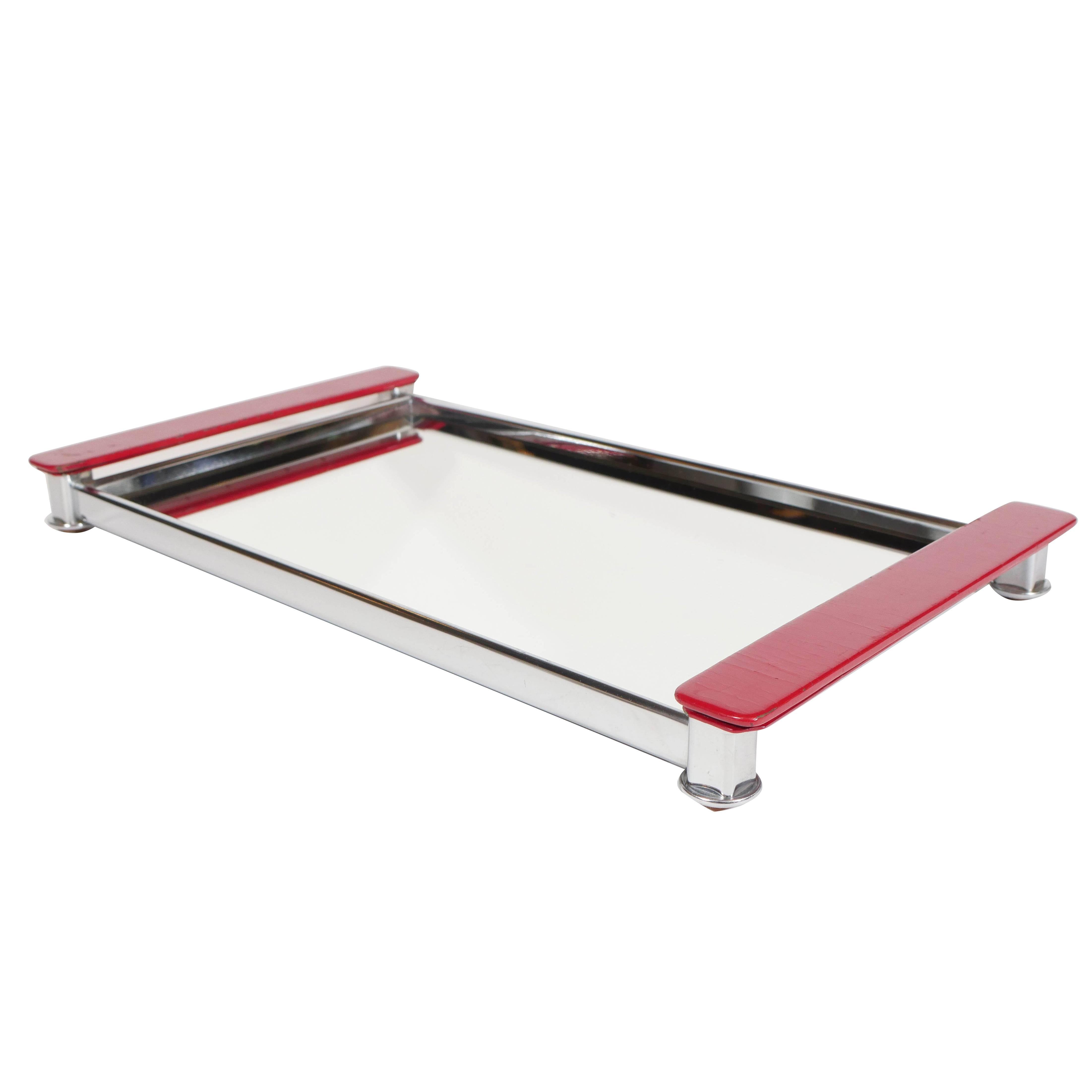 Art Deco Mirrored Bar Tray with Red Lacquered Handles