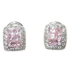 18-Karat White Gold Pave Diamonds and Pink Sapphire Earrings
