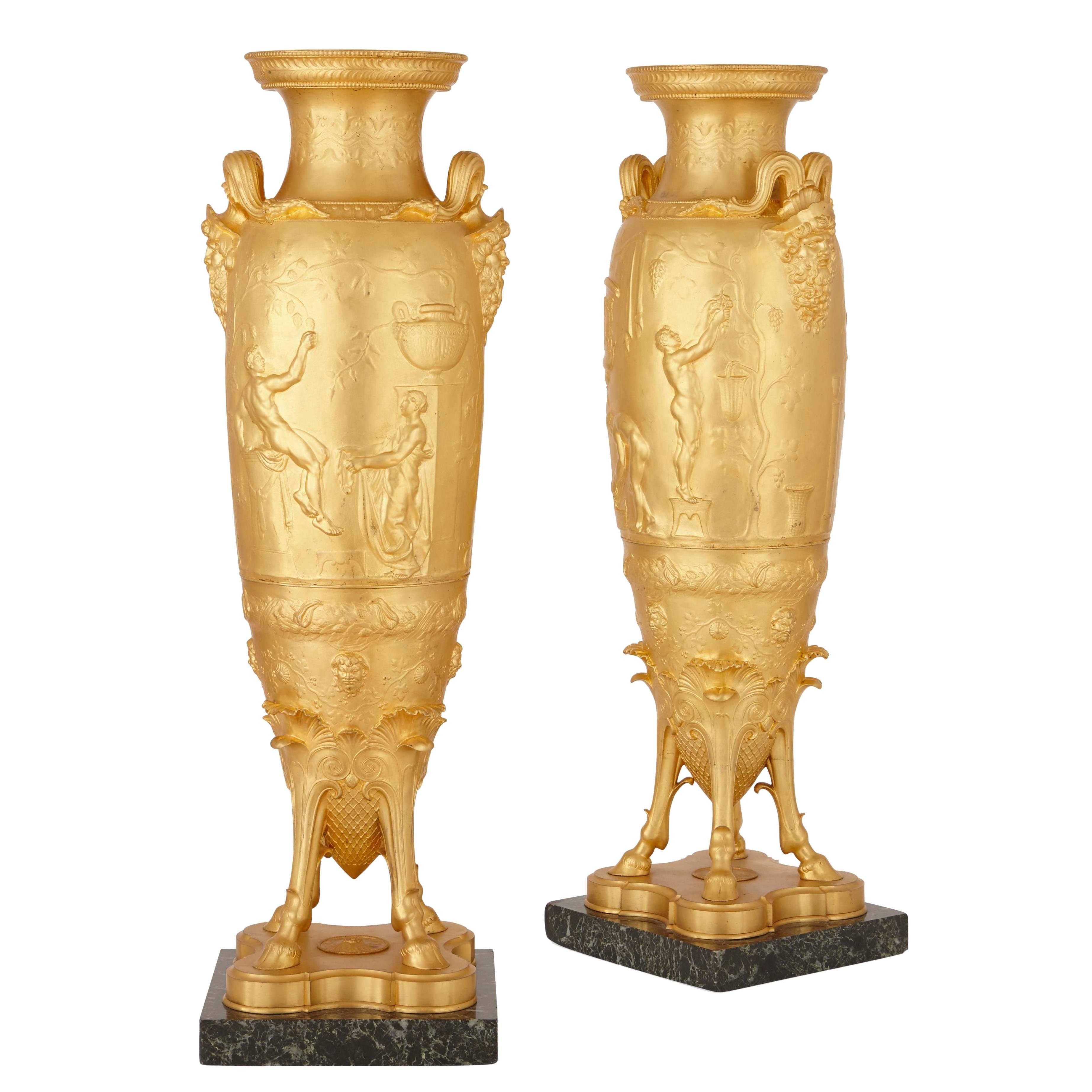 Large and important pair of gilt bronze vases by Levillain and Barbedienne