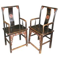Pair of 19th century Chinese HunanBlack & Red Lacquer Arm Chair