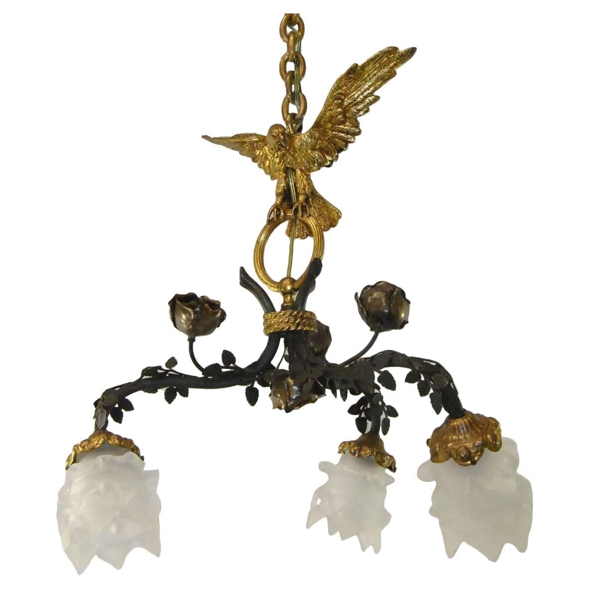 Vintage Bronze French Empire Three-Arm Eagle Chandelier Light Fixture For Sale