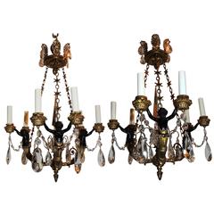 Pair of French Dore Bronze and Crystal Patinated Cherubs Chandeliers