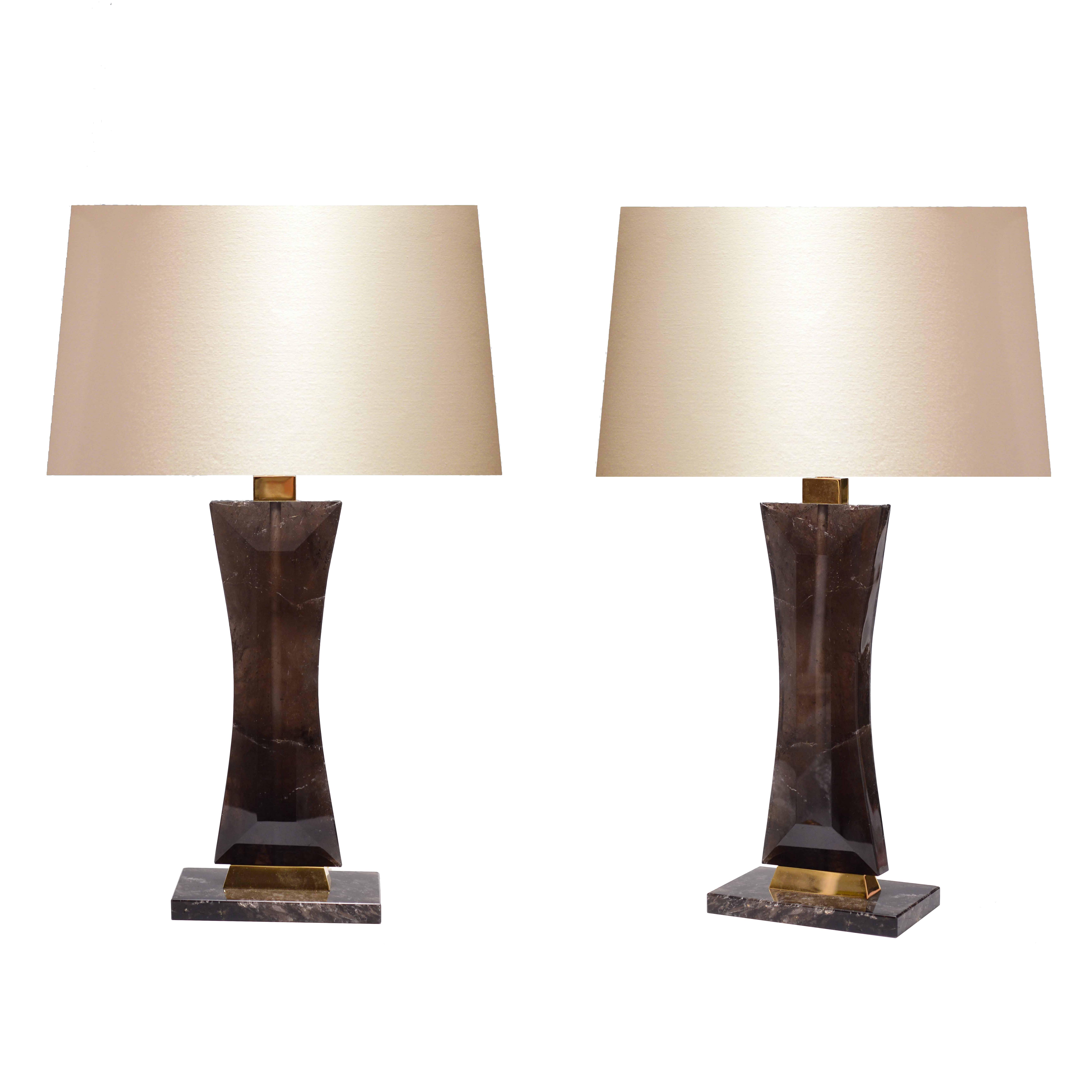 Pair of Modern Smoky Brown Rock Crystal Quartz Lamps For Sale