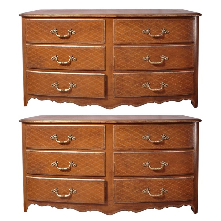 Pair of French Mid Century Leather Wrapped Chests of Drawers For Sale