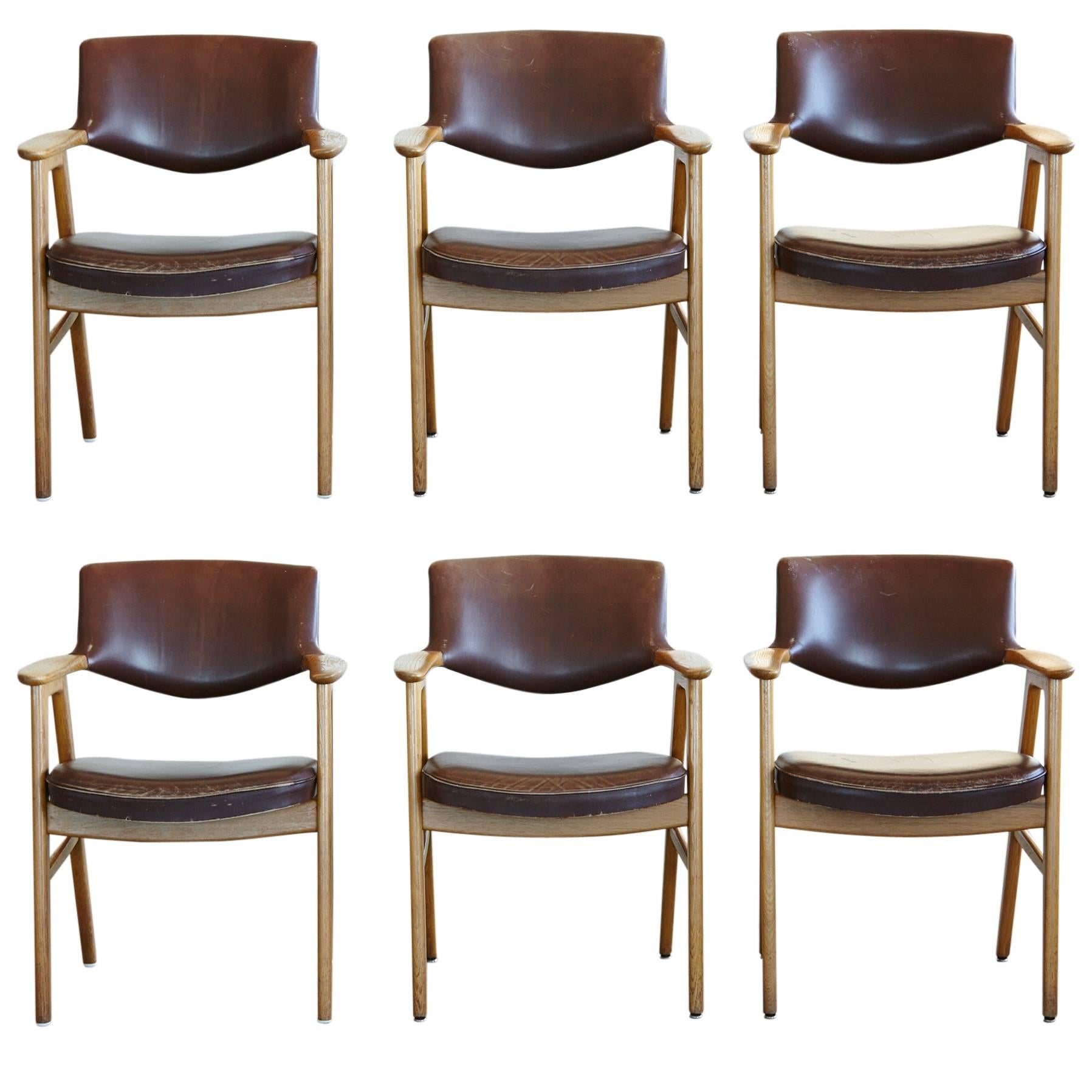 Set of Six Dining Chairs in Oak and Brown Leather by Erik Kirkegaard