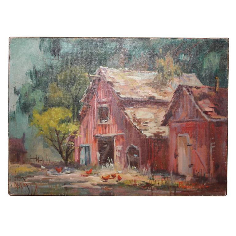 Signed Oil Painting of the Red Barn with Chickens at 1stDibs